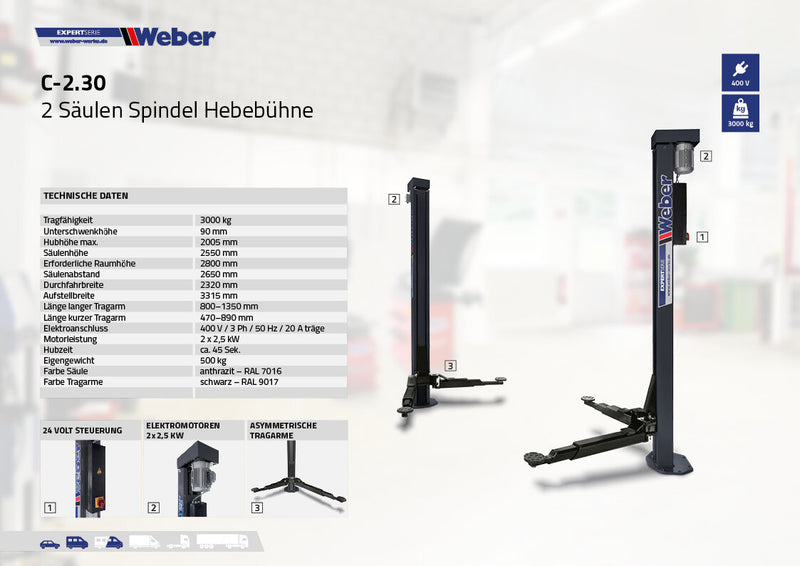 2-post "spindle" lift Weber Expert Series C-2.30