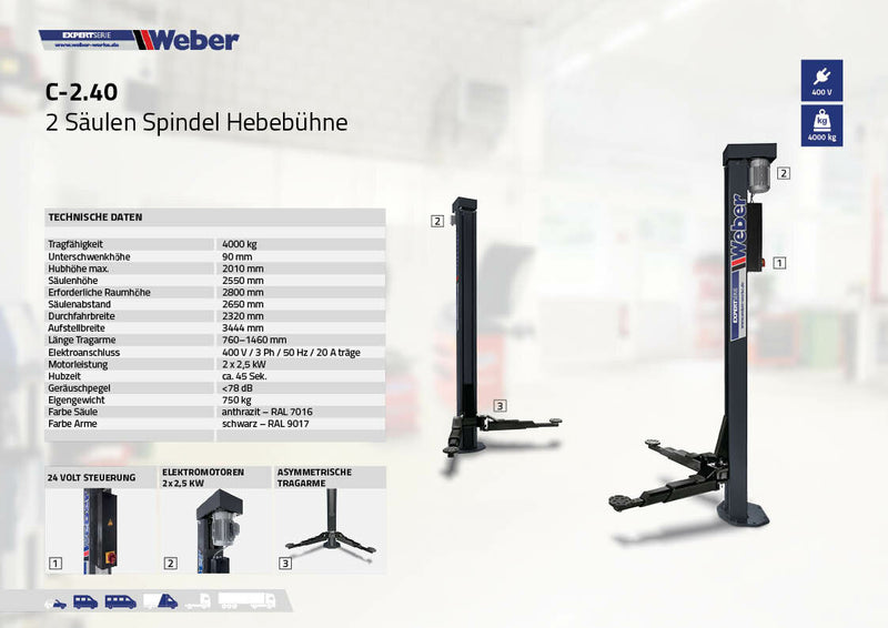 2-post "spindle" lift Weber Expert Series C-2.40