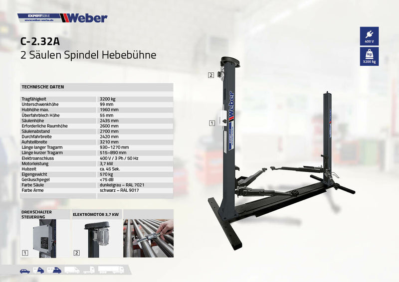 2-post "spindle" lift Weber Expert Series C-2.32A