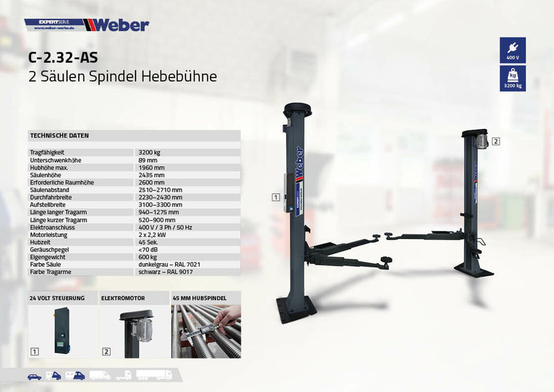 2-post "spindle" lift Weber Expert Series C-2.32-AS