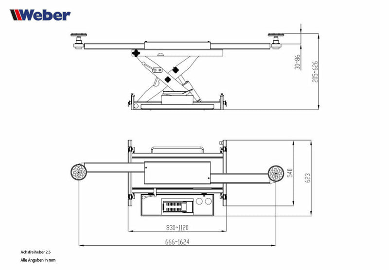 Axle-free jack 2.5 for scissor and 4-post lifts