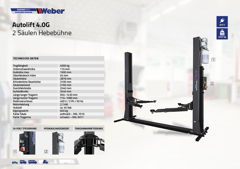 Weber Expert Series 4.0G 2-post lift with base frame