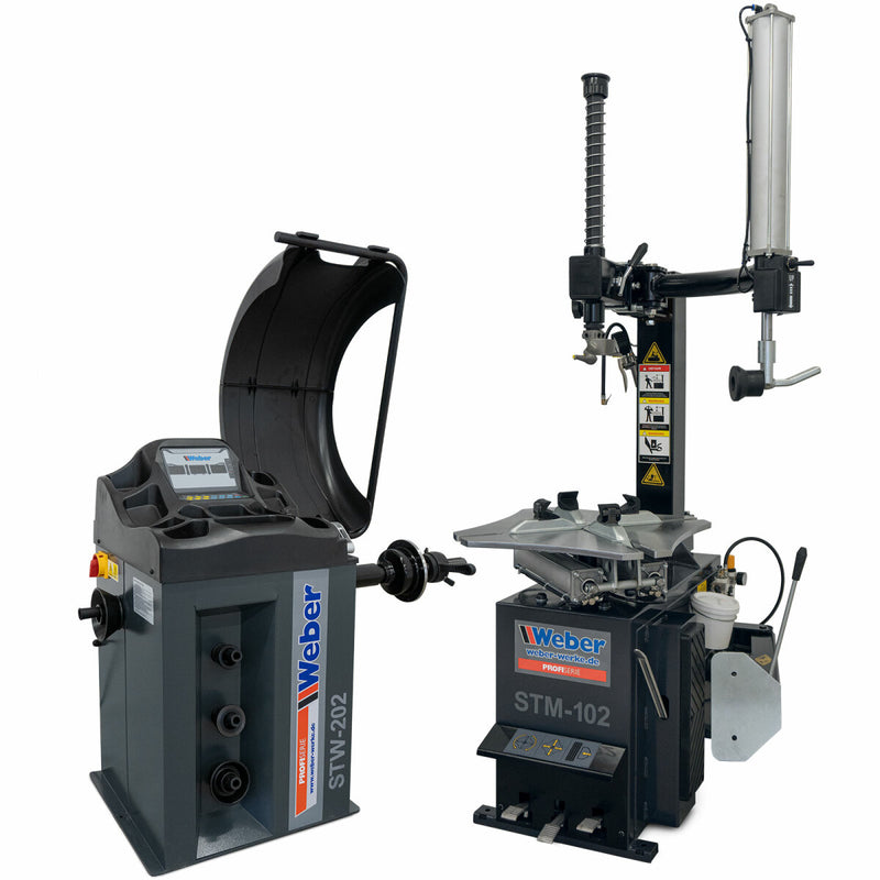 STM-102 car tire mounting machine and STW-202 wheel balancer including right-hand auxiliary mounting arm