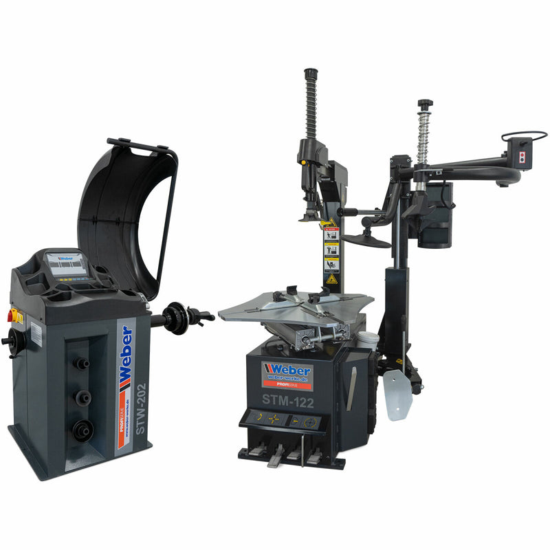 STM-122 car tire mounting machine and STW-202 wheel balancer including right-hand auxiliary mounting arm