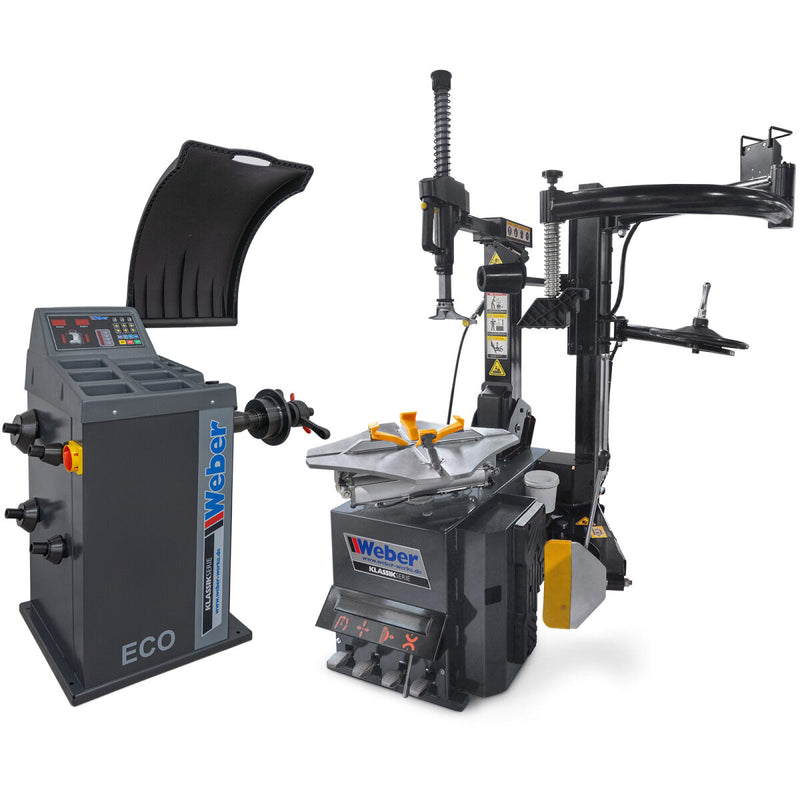 H-1024 car tire mounting machine and "ECO" wheel balancer including right-hand auxiliary mounting arm
