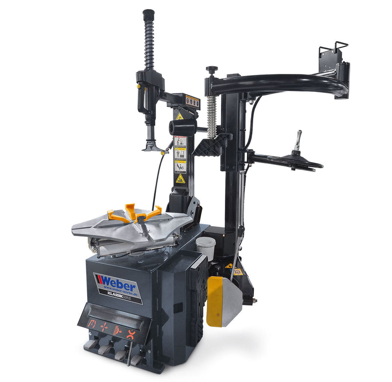 H-1024 car tire mounting machine and "ECO" wheel balancer including right-hand auxiliary mounting arm