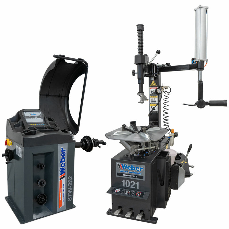 Car tire mounting machine 1021 and wheel balancer STW-202 incl. auxiliary mounting arm right