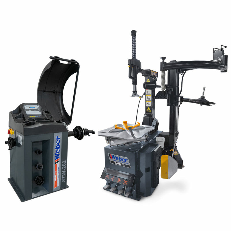 H-1024 car tire mounting machine and STW-202 wheel balancer including right-hand auxiliary mounting arm