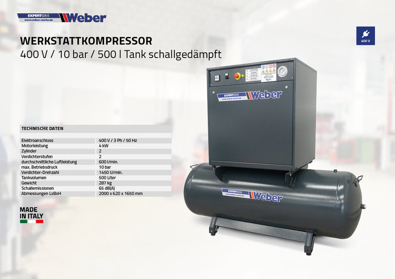 Soundproofed workshop compressor 400 V / 10 bar / 500 l tank
