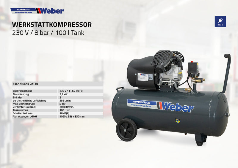 Workshop compressor 230 V / 8 bar / 100 l tank