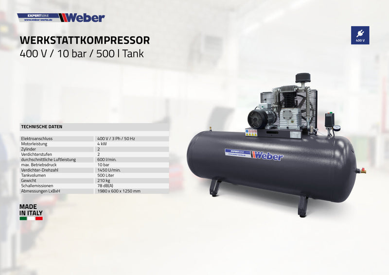 Workshop compressor 400 V / 10 bar / 500 l tank