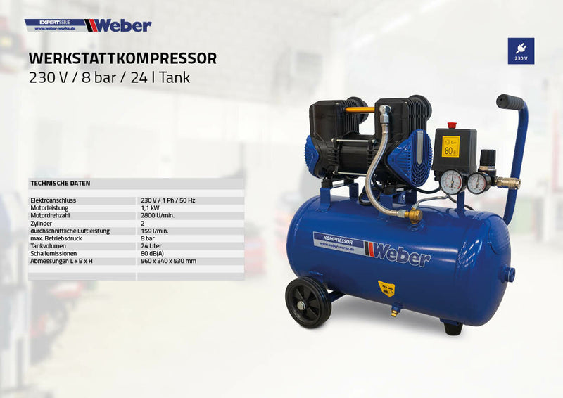 Whisper compressor 230 V / 8 bar / 24 l tank