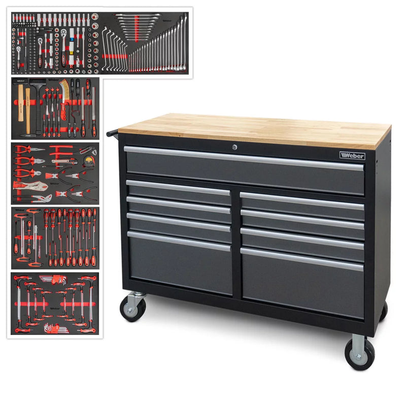 Mobile workshop trolley with wooden worktop, 298 pieces