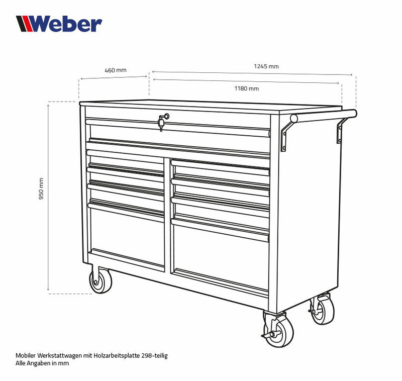 Mobile workshop trolley with wooden worktop, 298 pieces