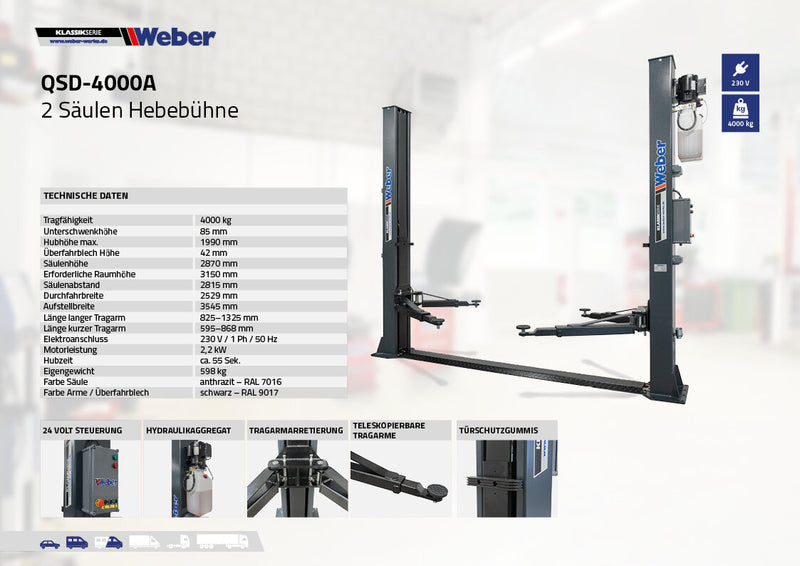 Weber Classic Series QSD-4000A 2-post lift including armature and oil