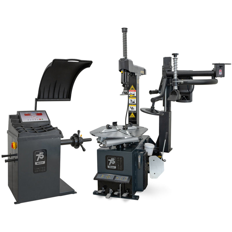 Weber STM-75 car tire mounting machine and STW-75 wheel balancer including right-hand auxiliary mounting arm
