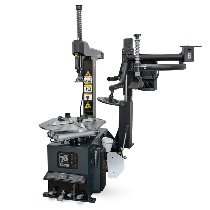 Weber STM-75 car tire mounting machine and STW-75 wheel balancer including right-hand auxiliary mounting arm