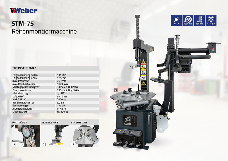 Weber STM-75 car tire mounting machine and STW-75 wheel balancer including right-hand auxiliary mounting arm
