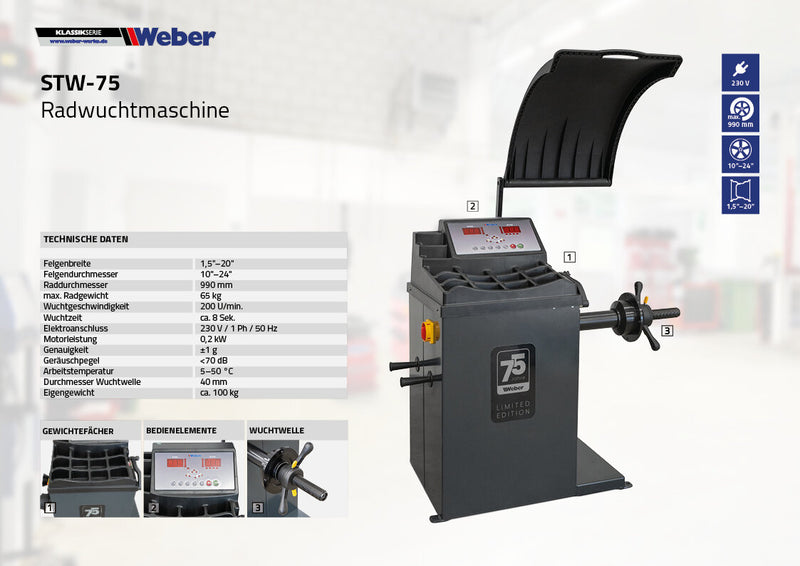 Weber STM-75 car tire mounting machine and STW-75 wheel balancer including right-hand auxiliary mounting arm